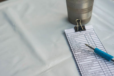 High angle view of pen on table