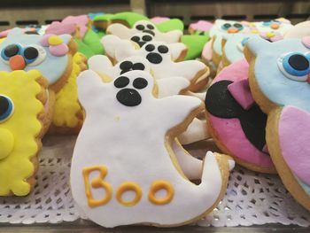 Close-up of multi colored candies on table