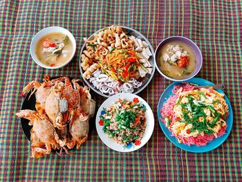 Directly above shot of meal served on table