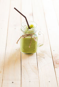 High angle view of drink in jar on table