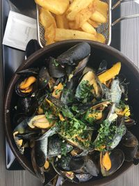 High angle view of food in bowl on table