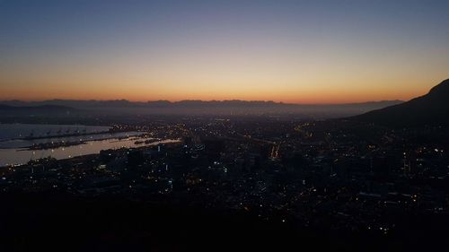 High angle view of illuminated buildings against sky during sunset