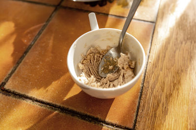 High angle view of breakfast served on table