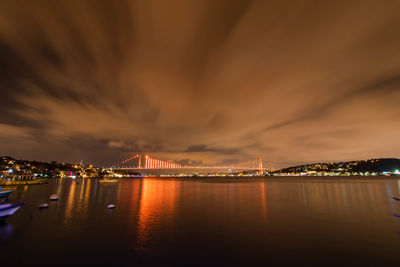 Illuminated city by river against sky at night