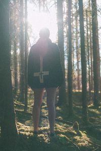 Rear view of man standing by trees in forest