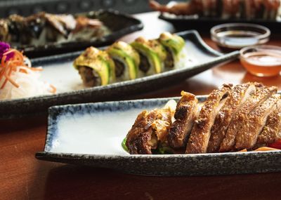 Close-up of food served on table