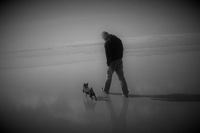 Rear view of woman with dog on beach