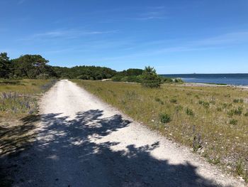 Scenic view of road by sea against sky