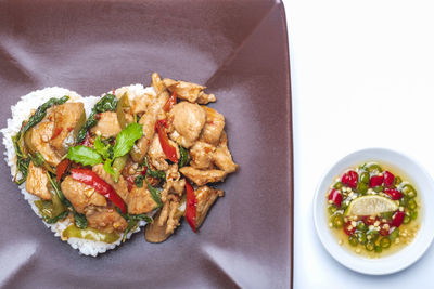 High angle view of meal served on table