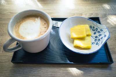 High angle view of breakfast on table