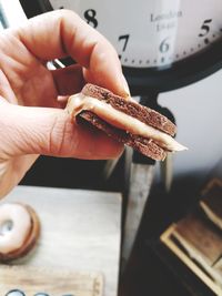 Close-up of hand holding chocolate cake