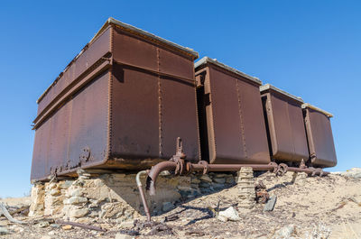 Low angle view of old building against clear blue sky