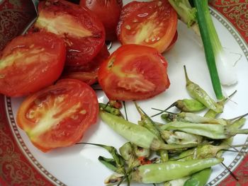 High angle view of chopped vegetables in plate