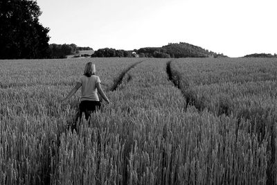 Rear view of woman standing in wheat field