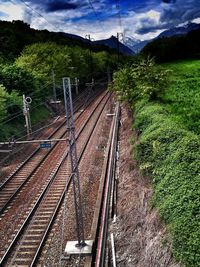 High angle view of railroad tracks against sky