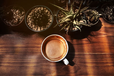 High angle view of coffee on table