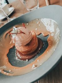 High angle view of cake in plate on table