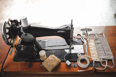 High angle view of objects on table