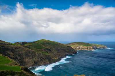 Scenic view of sea against cloudy sky