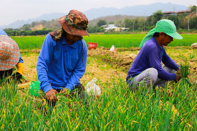 People working in farm against sky