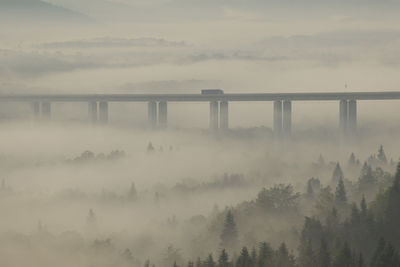 Viaduct on sunrise with morning mist in mountains of croatia