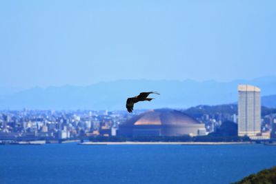 View of cityscape against blue sky