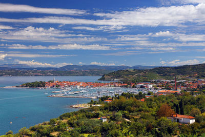 Scenic view of sea and town against sky