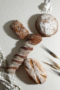 Various sourdough bread selection, top view. rye, wheat, and rustic bread 