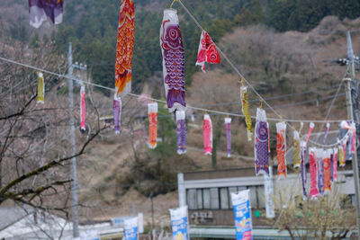 Multi colored flags hanging on built structure