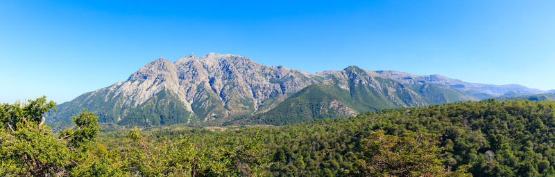 Scenic view of mountains against clear blue sky