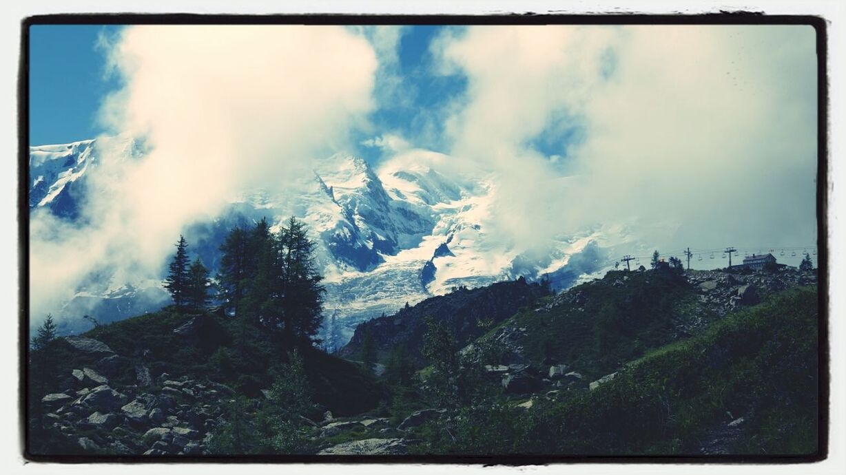 transfer print, auto post production filter, sky, tranquil scene, scenics, cloud - sky, tranquility, beauty in nature, mountain, nature, cloudy, cloud, panoramic, tree, rock - object, landscape, idyllic, mountain range, non-urban scene, outdoors