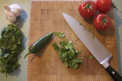 High angle view of chopped vegetables on cutting board