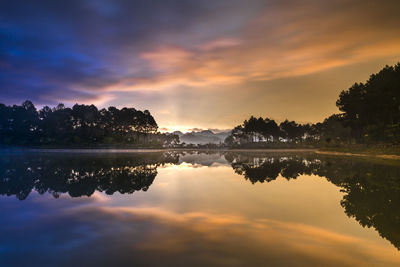 Scenic view of lake against sky during sunset