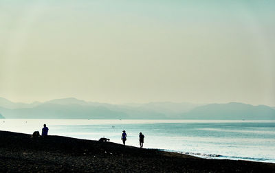 Silhouette people on beach against clear sky