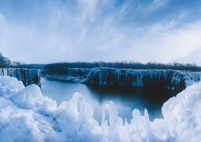 Panoramic view of frozen lake against sky during winter