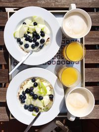 High angle view of breakfast served on table