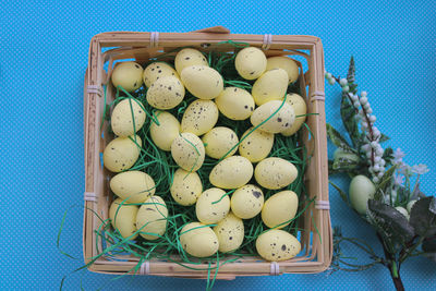 High angle view of easter eggs in basket