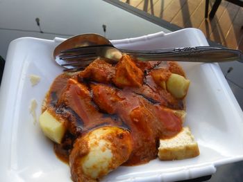 High angle view of food in plate on table