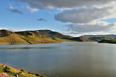 Scenic view of lake and mountains against sky