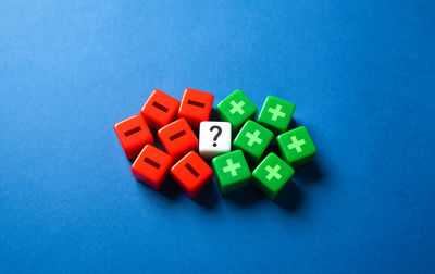 Close-up of dices on blue background