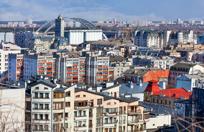 The roofs of new buildings in the old district of podil in kyiv.