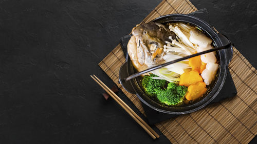 High angle view of food in container on table