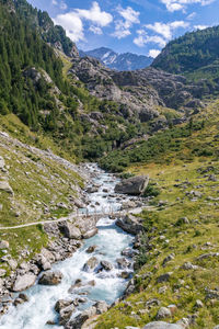 Scenic view of stream by mountains against sky