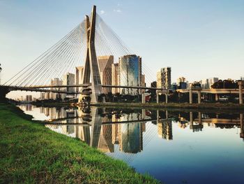 Bridge over river in city against clear sky