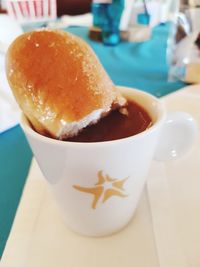 Close-up of dessert served on table