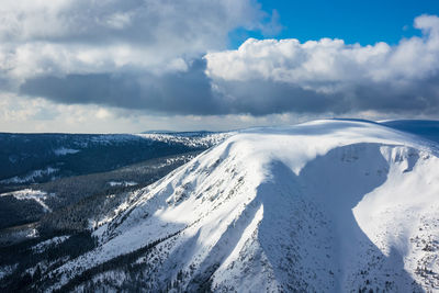 Aerial view of snowcapped mountains against sky