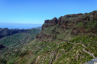 Scenic view of rocky mountains against clear blue sky