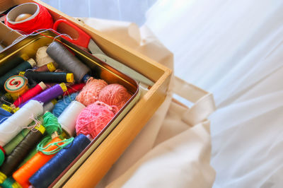 High angle view of multi colored pencils in box