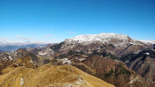 Scenic view of mountains against clear blue sky