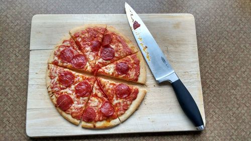 High angle view of pizza on table